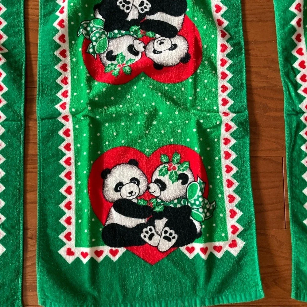 Vintage Franco Kitchen Towels Panda Bears Christmas made in Japan 1980’s